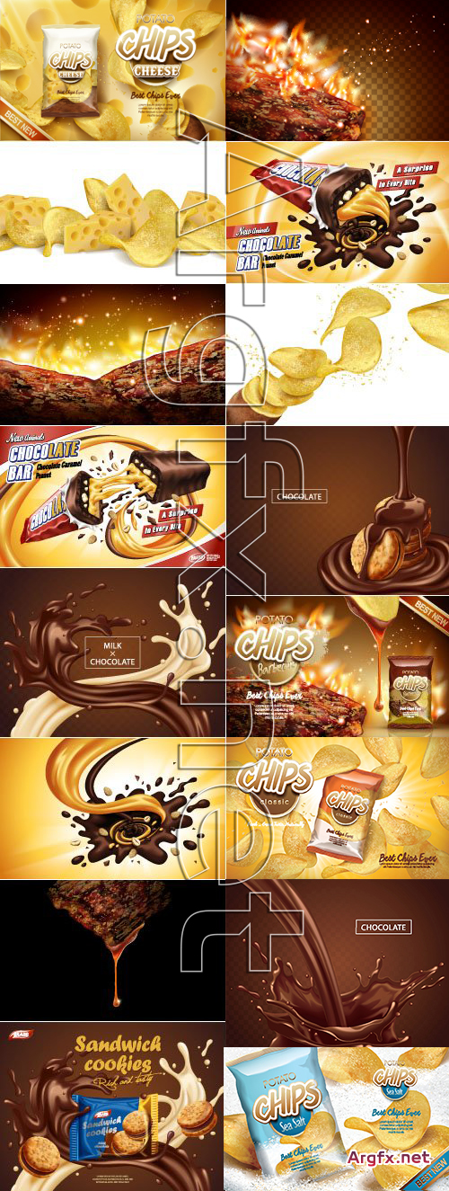  Advertising Poster Concept Potato Chips Chocolate Sweets vector