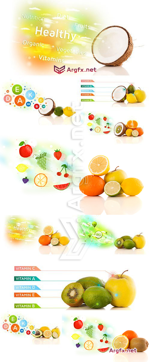 Healthy Fruits with Colorful Vitamin Symbols 15xJPG